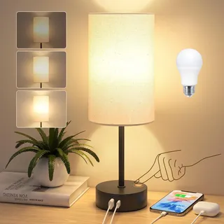 STANBOW Nachttischlampe Touch Dimmbar, Tischlampe mit USB A+C Ladeanschlüssen, Leinen-Lampenschirm, Kleine Lampe für Schlafzimmer, Wohnzimmer, Babyzimmer, Schlafsaal, Heimbüro