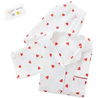 Pyjama-Set mit Herz-Print, Baumwoll-Pyjama-Set, süßes Langarm-Button-Down-Shirt mit Herz-Print und Langer Hose,Weiß,M