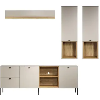 trendteam smart living - Sao Paulo - Wohnwand (TV-Lowboard + Bücherleiste + 2X Hängeschränke) - Kashmir (Beige)/Evoke Eiche - (BxHxT) 250 x 215 x 40 cm - Soft-Close