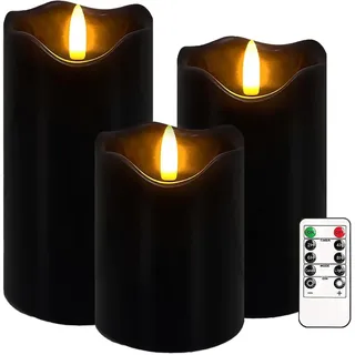 Justup LED-Kerzen, Set von 3 Flackernde Kerzen mit Fernbedienung und Timer, Dimmbare LED Säulen Kerzenlicht Batteriebetrieben, Elektrische Kerzen für Home Halloween Dekor (Schwarz)