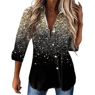 DeaAmyGline Damen Glitzer Bluse Festlich Pailetten Oberteile V Ausschnitt Knopfleiste Shirt Langarm Hemd Blusenshirt Locker Lässig Party Oberteil Hemdbluse Langarmshirt Blusen Tuniken Frauen