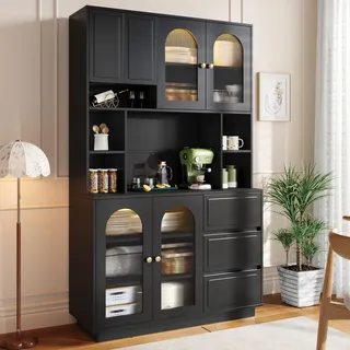 STILVORA Sideboard hoher Stauraumschrank mit Bogen und APP-gesteuerter LED, Küchenschrank mit offenen Fächern, Vorratsschrank als Bar-Schrank für Wohnzimmer - Schwarz