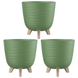 Engelland - 3 x Blumentopf mit Füßen & Bewässerungssystem, Moos-Grün, Ø 28 cm, Pflanzkübel, Übertopf, Wellenmuster, Innen- & Außenbereich, Drainagesystem & Wasserspeicher, rund, Kunststoff