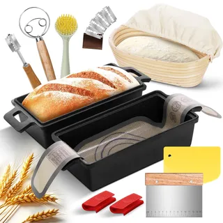 W&H Brotbackform mit Deckel,Gusseisen Topf inkl. Gärkorb, Ideal als Kastenform Brot, Toastbrot Backform, Brotform, Brot Backen Zubehör, Brotbacktopf
