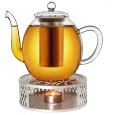 Bild Teekanne aus Glas 1,5l + ein Stövchen aus Edelstahl, 3-teilige Glasteekanne mit integriertem Edelstahl Sieb und Glasdeckel, ideal zur Zubereitung von losen Tees, tropffrei