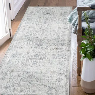 TOPICK Läufer 60x180cm Grau Teppiche Vintage Teppichläufer Flur Retro Faltbar Dünner Waschbar Teppich Multi Floral Boho rutschfeste für Innenbereich Badezimmer Küche Schlafzimmer Wohnzimmer