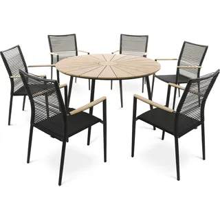 di volio Gartenmöbel ACONA, Gartenmöbel-Set für 6 Personen - runder Esstisch & 6 Stühle, aus robusten Materialien, stapelbare Stühle mit Armlehnen - Schwarz, Beige