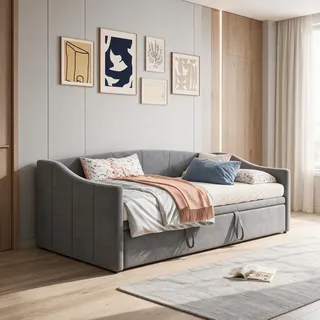 INONEFT Schlafsofa 90/180x 200cm, Tagesbett Ausziehbar mit Lattenrost und Rückenlehne, Schlafcouch Ausziehbar zum Doppelbett, Samt, Grau - Grau