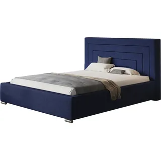 Polsterbett NIZZA mit Kopfteil, 180x200 cm, Doppelbett mit Bettkasten und Lattenrost aus Holz, Strukturstoff Blau - Blau
