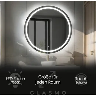 Badspiegel mit LED Beleuchtung 80 cm Nova - Rund Spiegel mit Beleuchtung - Kaltweiß 7000K - Badezimmerspiegel Lichtspiegel mit Touch Schalter - Transparent