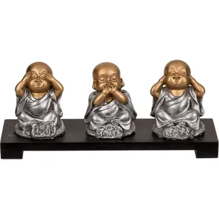 Out of the Blue Polyresin-Figuren auf Holzbank, Buddha (Nichts böses sehen, sprechen, hören) ca. 20 x 9 cm, 190131