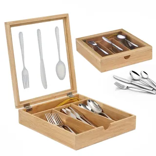 WPAJIRZO Besteckkasten mit Deckel, Holz Besteckkiste 4 Fächer für Küche oder Schublade, Besteckbox Aufbewahrung von Löffel Gabel Messer, Besteck Organizer für Zuhause Camping Wohnwagen Restaurant