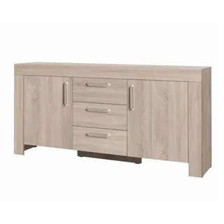 Furniture24 Kommode 170/85/42 cm CEZAR 13 Schrank 2 Türtiger 3 Schubladen Wohnzimmerschrank Schränkchen Sideboard Sonoma Eiche - Silber