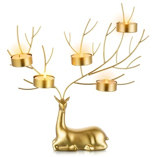 Sziqiqi Rentier Tier Teelicht Kerzenhalter, Metall Hirsch 5 Kerze Teelichthalter für Weihnachten Tisch Centerpiece Gold Dekorative Hirsch Geschenk für Wohnzimmer Kamin Mantel Tisch Ornament