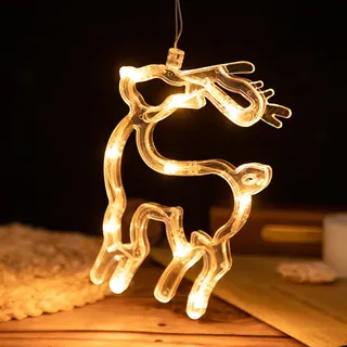 LED Fensterlicht mit Saugnapf, Hängende Fenster Lichterkette Innen, Weihnachtsbeleuchtung, Fensterdeko Batteriebetrieben, Rentier - Weiß