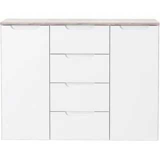 Forte Moreno Kommode 100 110, Moderne Kommode mit 2 Türen und 3 Schubladen, Schlaf/Wohnzimmer, Flur, Holzwerkstoff, Weiß, 104,6 cm breit x 80,1 cm hoch x 34,1 cm tief
