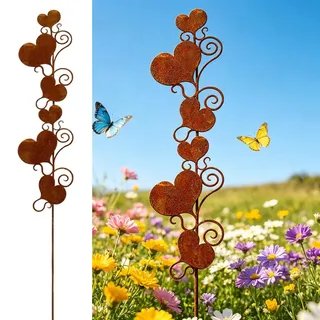WRQIOO 70cm Rost Deko für Garten Herz, Gartenstecker Metall Herz, Edelrost Gartenstecker Herzen mit 6 Herzen, Gartendeko für Draußen Wetterfest Rost, Terrasse, Balkon, Rostige Herz-Skulptur