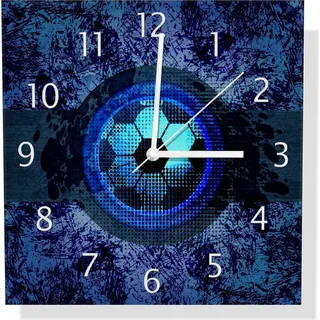 Wallario Design Wanduhr Fußball Design - Abstraktes Muster in blau aus Aluverbund, Größe 30 x 30 cm - Schwarz