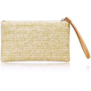 COOKOOKY Damen Stroh-Clutch, Bohemian-Stil, Sommer, Strand, Stroh, Geldbörse, Reißverschluss, Handgelenktasche für Damen, beige, Small