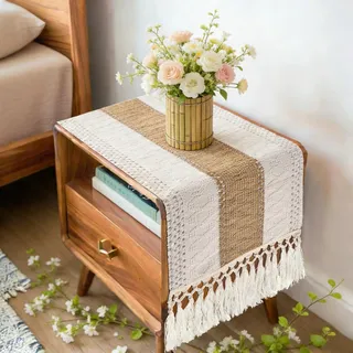 yuboo Boho-Kaffeetischläufer, kurz, klein, braun, Couchtischdecke, Kommodenläufer und Topper für Küche, Schlafzimmer, Nachttisch, Frühlings-Bauernhaus-Tischdekoration, 122 cm lang