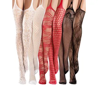 Geyoga 6 Paar Frauen Fischnetz Oberschenkel Hohe Strümpfe Strapse Strumpfhosen Dessous Strumpfgürtel Strumpfhosen für Frauen Mädchen, Schwarz/Rot/Weiß, M-L