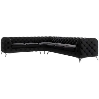s-style möbel - Chesterfield Ecksofa Cleo mit Silber Metall Füßen aus Schwarz Samtstoff, Ottomane links, B/T/H: 323 cm/ 264 cm/ 75 cm - Schwarz