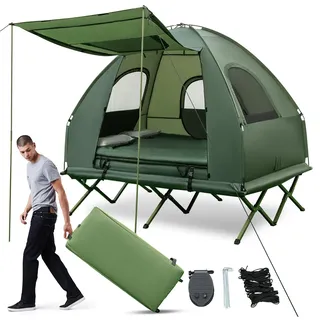 COSTWAY 5 in 1 Feldbett mit Zelt für 2 Personen, Campingbett mit Luftmatratze, Kissen, Schlafsack, Sonnenschutz & Rolltasche, Campingliege wasserdicht & tragbar, 300 kg Tragekraft, 194 x 145 x 185 cm