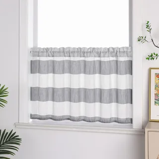 ESLIR Gestreifte Küche Gardine Scheibengardine Tunnelzug Bistrogardine Landhaus Kurzgardine Halbtransparent Leinen Grau HxB 60x90cm 1 Stück