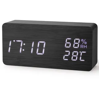Virklyee Wecker aus Holz digital Würfel Uhr Digitaler Wecker mit LED Temperaturanzeige,12/24HR,3 Stufen einstellbar Helligkeit, mit USB-Ladeanschluss (Rechteck Schwarz)