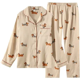 Lpitoy Niedlicher Pyjama Für Damen Dackel-Print, Langärmelig, Aus Baumwolle, 2-teilig, Knopfleiste, Loungewear, Schlafanzug, Nachtwäsche