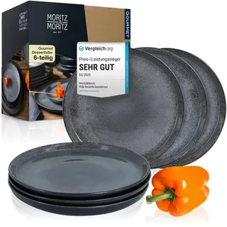 Moritz & Moritz VIDA 6er Dessertteller Set Anthrazit - Stylische Porzellan Frühstücksteller, Kuchenteller für 6 Personen - Spülmaschinen- und Mikrowellengeeignet