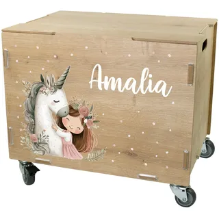Striefchen® clipfritz Rollbox personalisiert mit Name – Personalisierbare Aufbewahrungsbox mit Rollen & Deckel – Spielzeugkiste aus Holz als Geschenk für Kinder (Einhorn)
