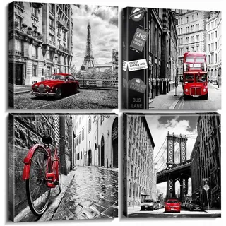 Schwarz Weiß Leinwandbild Wandbild Wohnzimmer Rote Stadt Wand Bilder für Schlafzimmer Wanddekoration Moderne Paris Landschaft Malerei Leinwanddrucke London Stadtbild Kunstwerk Büro 30x30CM 4PCs
