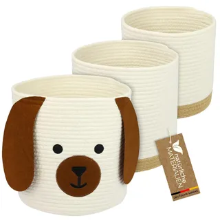 HMF Aufbewahrungskorb mit versteckten Griffen, 3er Set, Korb für Kinderzimmer aus Baumwolle | Hund | Groß, Mittel, Klein