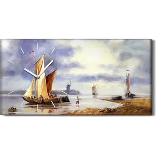 Wandkunst Leinwand Bild Uhr Geräuschlos Kunstdruck 60x30 Gemälde Schiff Fischer - weiße Hände - Blau