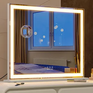 BEAUTME Schminkspiegel mit Beleuchtung, 3 Farbmodi LED, 72x56,2cm, Weiß | 10‐fache Vergrößerungsspiegel, stufenlose Helligkeitsanpassung, 3 flexible Montageoptionen für Schminktisch & Wandplatzierung