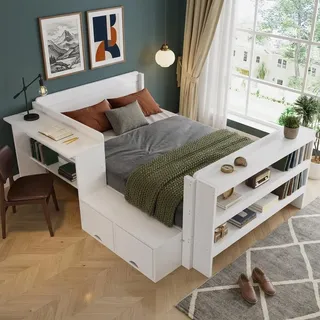 STILVORA Holzbett 120x200 cm mit Schreibtisch und Stauraum, Funktionsbett mit Klappfach und offenem Fußregal, Jugendbett mit Seitenmodul - Weiß