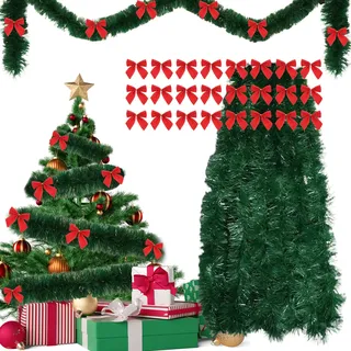 Girlande Weihnachten 10m + 24pcs Weihnachtsschleifen Rot Weihnachtsgirlande | Künstliche Tannengirlande, Lametta Girlande, Weihnachtsgirlande Aussen, Christmas Garland, Weihnachtsdeko Aussen