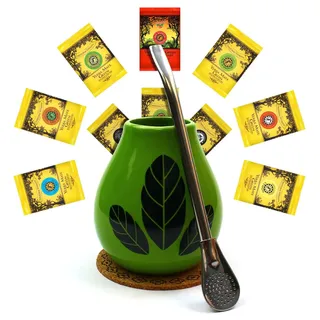 Yerba mate-tee Mate Green Kalebassen keramik becher Set | Yerba mate tee aus Brasilian 500g | Keramik tee tassen Hoja Grün mate-tee becher 350ml | Edelstahl trinkhalm bombilla 19cm und korkpad