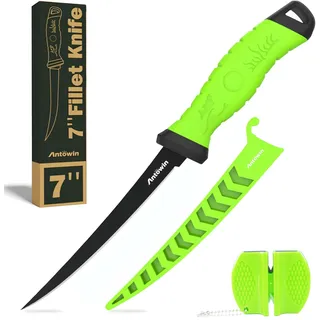ANTOWIN 17,8cm Filetiermesser Fisch, Edelstahl Angelmesser Klinge aus Japanischem SG2, Fischmesser mit SharkGrip Griff, Scharfes Messer zum Angeln & Filetieren, inkl. Messerschutzhülle & XL Schärfer