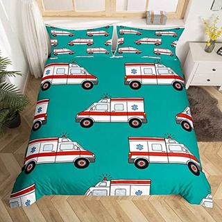 Loussiesd Krankenwagen Bettwäsche Betten Set Kinder Auto Bettwäsche Set 135x200cm Jungen Mädchen Dekor Karikatur Auto Bettbezug Set Mikrofaser Einsatzfahrzeuge Grün Schlafzimmer Bettwäsche