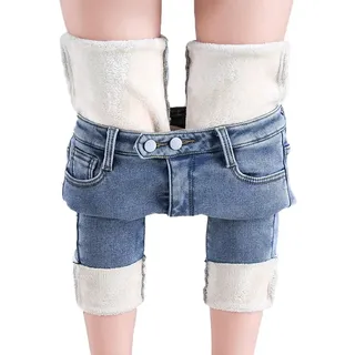 seiveini Thermo Jeans Damen Fleece Gefütterte Jeans Winter Warme Denim Leggings Baggy Jeans Hohe Taille Slim Fit Winterhose Plüsch Gefütterte Winterjeans Skinny Strumpfhosen Jeans Winter Jeggings