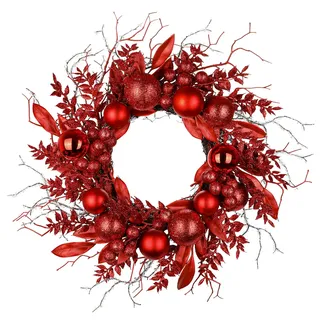 Weihnachtskranz Türkranz für Weihnachten - Rot Adventskranz mit Weihnachtskugeln und Fernzweige, Dekokranz Weihnachtsdeko Tischkranz, Ø 40CM