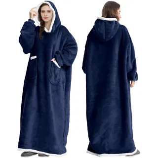 Decke Hoodie Decke mit Ärmeln und Kapuze Marineblaue Wolldecke mit Ärmeln tragbare Decke für Erwachsene 80 x 150 cm, Navy blau