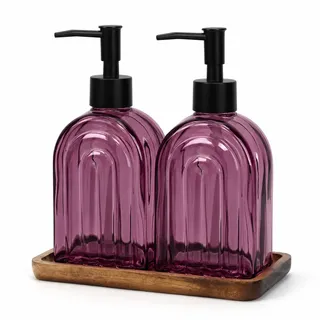 Topsky Glas Seifenspender Set 2 Stück 400 ml mit Holz-Tablett | Elegantes Lila-Regenbogen-Muster für Küche & Bad–Nachfüllbare Handseifenspender für Spülmittel und Flüssigseife