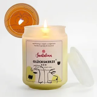 Santalina Glückskerze mit versteckter Botschaft | Geschenke für Frauen zum Geburtstag Freundin Dankeschön Glücksbringer | Personalisierte Vegane Sojawachs Duftkerze im Glas 450g, Vanille & Kokos