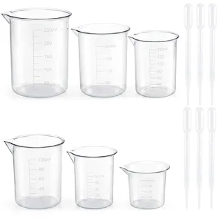 6 Stück Messbecher Set, Messbecher 25ml 50ml 100ml 150ml 200ml 250ml, Measuring Cups mit 6 Kunststoffpipetten in 3 ml, Präzisions Kunststoff Ml-Messbecher mit Skala für Labor Küche Waschmittel
