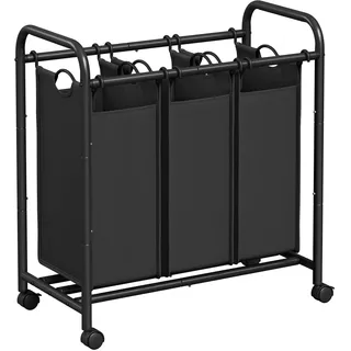 SONGMICS Wäschekorb 3 Fächer, Wäschesammler mit Rollen, Wäschesortierer, Wäsche-Sortiersystem, Wäschewagen mit Griffen, Wäschesack, abnehmbare Stofftaschen, schwarz LSF003B