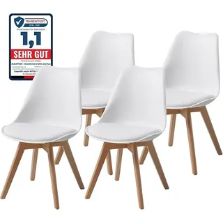 Esszimmerstühle 4er Set AARHUS, Weiss - Beine aus Buche Massiv-Holz, Skandinavisches Retro-Design, bequemer Schalenstuhl - Eleganter Küchenstuhl, Stuhl Esszimmer für Esstisch - Weiß