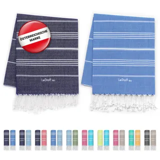 LeStoff 2er-Set Hamamtuch 95 x 180 cm - 100% Bio-Baumwolle, Vorgewaschen, Nachhaltig, Saugstark & Schnelltrocknend, Reisehandtuch, Campinghandtuch, Badetuch, Saunatuch, Strandtuch (Navy + Sky Blue)